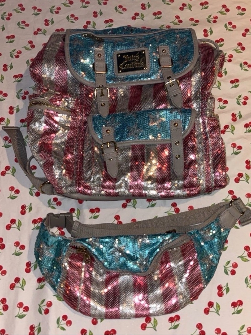 Juicy Couture American Flag Sequin Backpack & Matching Belt Bag Set Y2K 2010